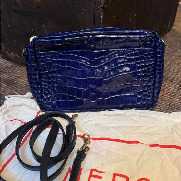 Clare V. Mirabel Cobalt Blue Croc-Embossed Crossbody Bag - Picture 1 of 4